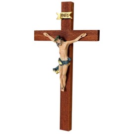 Kaltner Präsente Geschenkidee: 15 cm Wandkreuz Kruzifix aus Holz Fichte mahagoni farbig gebeizt - Handgemalte Jesus Christus Figur aus hochwertigen Kunstguss aus Resin – Dekoration
