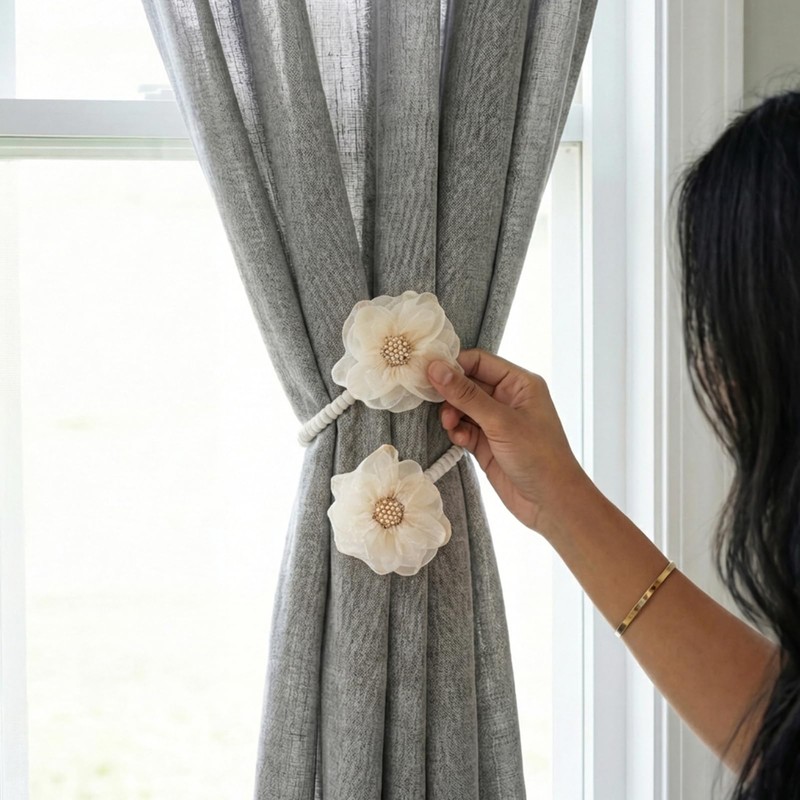 2 PCs Adjustable Boho Curtain Tieback Beige Flower Rustic Rope