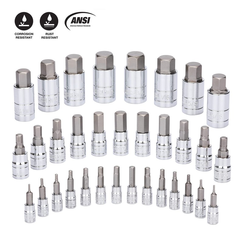 EMENTOL 33PCS Hex Bit Socket Set, 1/4", 3/8" and 1/2"