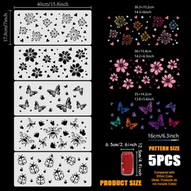 FINGERINSPIRE 5 PCS Bugs Flowers Pattern Stencils with Brush 15.7x7inch Plastic Ladybug Butterfly Bee Drawing Templates Hollowed Platycodon Daisy Stencils Art Plant Theme Templates for Wall Decor