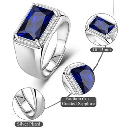 Eastlily Radiant Cut Created Sapphire Rings for Men 925 Sterling Silver Plated Mens Wedding Engagement Rings with Cubic Zirconia Mens Adjustable Rings Size 7-12