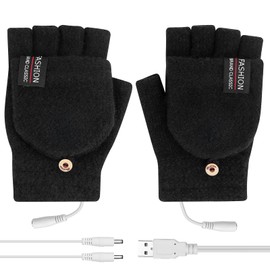 USB Heated Gloves, Heating Mittens Hand Warmers for Women, Winter Electric Warming Gloves Knitted Heating Hands Full & Half Fingerless Washable, for Laptop Gaming Typing Office (Black)