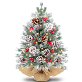 24 Inch Realistic-Feel Flocked Prelit Christmas Tree with 50 Warm Lights Timer 8 Mode Battery Operated Small Artificial Tabletop Christmas Tree Red Berry Pinecones Xmas Tree Decor Table Home Indoor