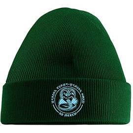 Hippowarehouse Cobra Kai Strike First - Strike Hard Embroidered Beanie Hat Green with Baby Blue Stitch