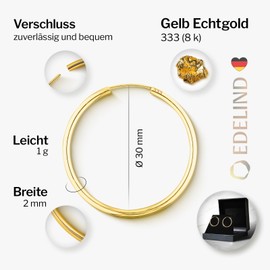 Real Gold Hoop Earrings 30 mm 333 585 750 Yellow Gold Women's Earrings Gold with Stamp Width 2 mm Made in Germany, Yellow