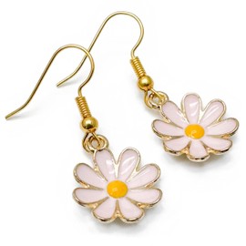 Daisy Flower Charm Earrings, Baby Pink Enamel Charm Beads on Nickel Free Gold Tone Hooks : 35mm long, Floral Jewellery Gift for Women, Flower Drop