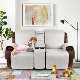 KinCam 100% Waterproof Recliner Loveseat Cover with Console, Non-Slip Reclining Couch Covers for 2 Seat, Recliner Sofa Cover Furniture Protector with Elastic Straps for Kids, Pets, Beige