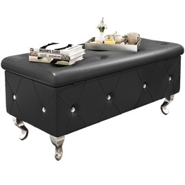 Recaceik Ottoman with Storage, PU Leather Folding Storage Ottoman Bench Upholstered Footstool with Button-Tufted & Safety Hinge, Luxury Shoe Bench End of Bed Bench, Black