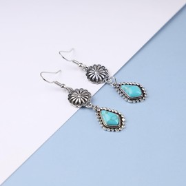 Cimenexe Bohemian Turquoise Drop Earrings Silver Flower Hook Earrings Tribal Turquoise Stone Earrings Ethnic Teardrop Turquoise Dangle Earrings Jewelry for Women and Girls