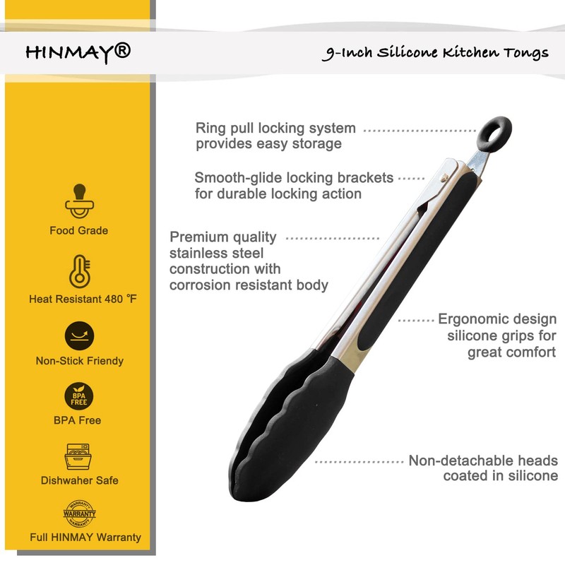 HINMAY 9" Silicone Kitchen Tongs with Silicon tips, Set of