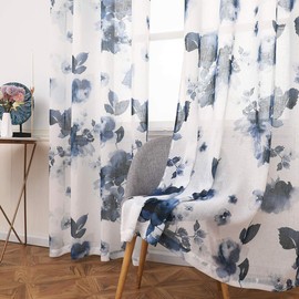 Taisier Home 84 Inch Grommet Room Faux Linen Sheer Window Curtains, Chinese Traditional Ink Painting Stylized Leaves and Flower,Artwork,Blue Print Sheer Curtains for Living Room Bedroom