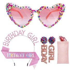 Lingdeer Birthday Girl Sunglasses with Crown, Sash & Earrings, Glasses Headband for Women Girls, Birthday Gifts Accessories Outfits Pink Decorations Party Favors