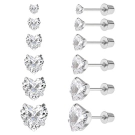 6 Pairs Surgical Stainless Steel Stud Earrings, Screw Back 18K Gold Plated Heart Star Square Princess Cut Round White Cubic Zirconia Stud Earrings Set for Women, Stainless Steel, Cubic Zirconia