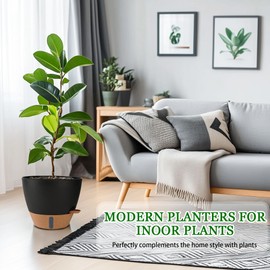 2 Pack 10 inch Plant Pots, Plastic Self Watering Planters with Drainage Holes, Deep Reservoir, Water Level Indicator, Modern Decorative Flower Pots for Indoor Outdoor Plants (Black, 10 inch)