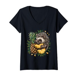 Womens Pineapple Hedgehog Nature Drawing Pineapple Lover Wildlife V-Neck T-Shirt