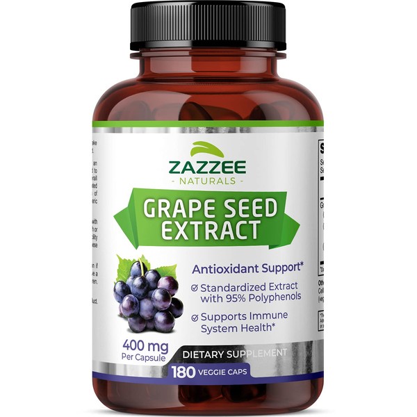 Zazzee High Strength Grape Seed 50:1 Extract, 20,000 mg Strength, 180 Vegan Capsules, 95% Polyphenols, 6 Month Supply, Concentrated, Standardized 50X Extract, 400 mg per Capsule, All-Natural, Non-GMO