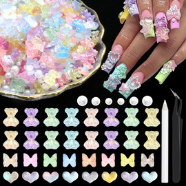 660Pcs 3D Bear Nail Charms and Flatback Pearls,Mix Cute Aurora Heart Bow Nail Charms for Acrylic Nail Supplies Design,White Half Pearls for Nail Jewelry DIY Crafts Nail Art Decoration Accessories