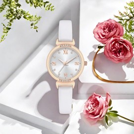 NUOVO Women Watches White Leather Ladies Watches Rose Gold Case Elegant Simple Watch Crystal Diamond Watch Fashion Wristwatch for Women Ladies Girls