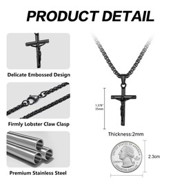 Jesus Cross Necklace for Men and Women, Speroto Silver and Gold Mens Necklace with Carved Jesus Cross Pendant and Wheat Chain, Cross Necklace for Women Simple Jewelry Gift for Men Women (Black, 18 inch)