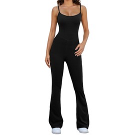COPYLEAF Flare Jumpsuits for Women Adjustable Spaghetti Strap Bodycon Jumpsuit Scoop Neck Workout Romper Casual Unitard (Black M)