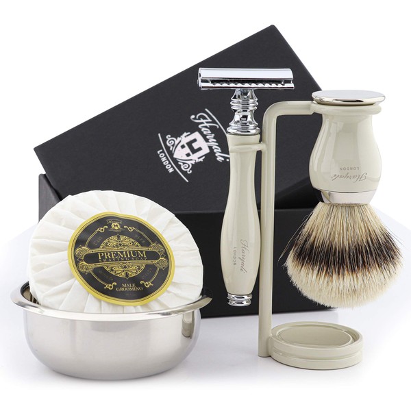 Men's Shaving Set with Silver Tip Badger Brush and Double Edge Razor, Stainless Steel Shaving Bowl and Haryali London Premium Soap
