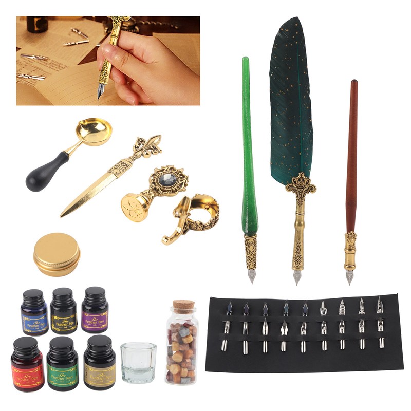 Feather Pen Set European Style British Retro Lacquer Stamp Dipped