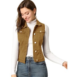 Allegra K Women's Buttoned Washed Denim Vest Jacket W Chest Flap Pockets Khaki Large