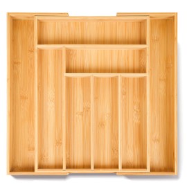 ELIVARA 100% Bamboo Expandable Drawer Organizer - Adjustable Utensil and Cutlery Tray for Kitchen, Office, and Bathroom Storage.