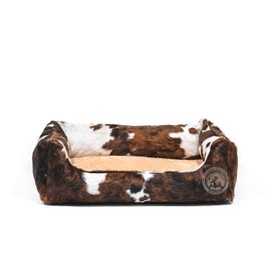 Sunshine Cowhides Cowhide Pet Bed - 22x29x8 Inches, Durable & Easy to Clean, Tricolor Cow Print Dog Bed w/Removable Cushion, Ideal Animal Print Pet Couch for Dogs, Cats and More