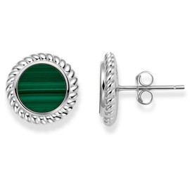 Women's Earrings 925 Silver, Genuine Natural AAA Gemstone Stud Earrings, 18K Gold Plated, Silver, Malachite