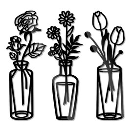 3 Pcs Black Flower Wall Art Decoration, 20cm Acrylic Black Vase Wall Art for Hallway and Stairs, Kitchen Wall Arts Living Room Bathroom Decorations Bedroom Hallway Decor