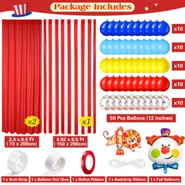 SmoothNovelty 57 Pcs Circus Carnival Party Decorations 2 Red and 1 Stripes Chiffon Backdrop Curtains 50 Circus Theme Balloons with Accessories for Farm Animal Circus Theme Birthday Party Photo Supply