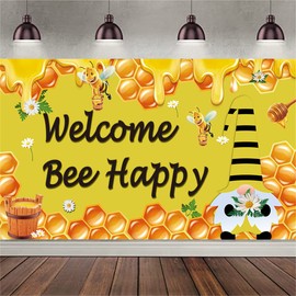 KYMY Welcome Bee Happy Backdrop Banner with 70.8x43.3inch, Honey Bee Gnome Background for Photo Studio Props Seasonal Summer Farmhouse Home Outdoor Yard Decorations (Yellow)