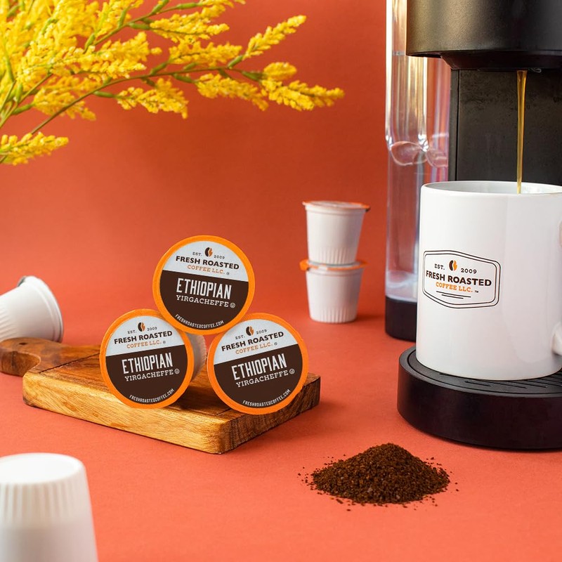 Fresh Roasted Coffee, Ethiopian Yirgacheffe Kochere, Medium Roast, 96 Pods