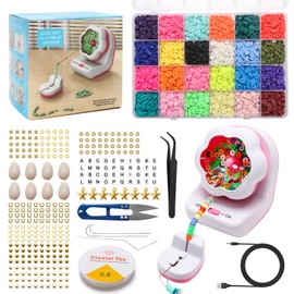 Zhichengbosi Clay Bead Spinner, Pink Electric Bead Spinner with 4800 PCS Clay Beads, Big Eye Beading Needles, Many Kinds of Beads Kit for DIY Jewelry Making, Waist, Bracelets, Necklaces
