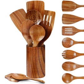 Pleafind Wooden Spoons for Cooking, 9 Pcs Wooden Utensil Set, Wooden Cooking Utensils Set with Holder ＆ Spoon Rest, Soft Comfort-Grip Wooden Kitchen Utensil Set, Kitchen Gifts for Women or Pro Chef