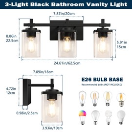 Spiglamm 3-Lights Bathroom Vanity Light Fixtures Over Mirror, Modern Black Bathroom Lighting Wall Sconces with Clear Glass Shade, Vanity Lights for Bathroom, Wall Lamp for Mirror Bedroom Hallway