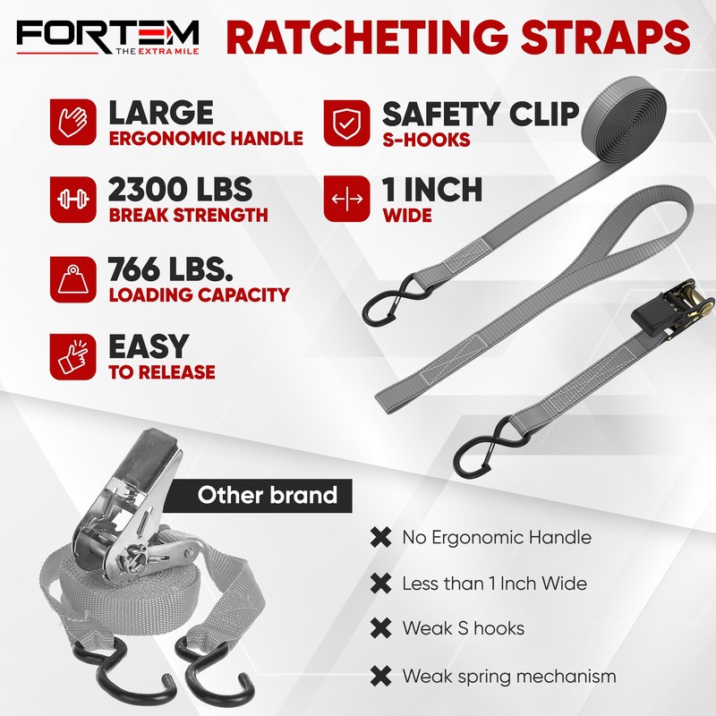 FORTEM Ratchet Straps, 2300lb Break Strength, 4 Pack 15ft x