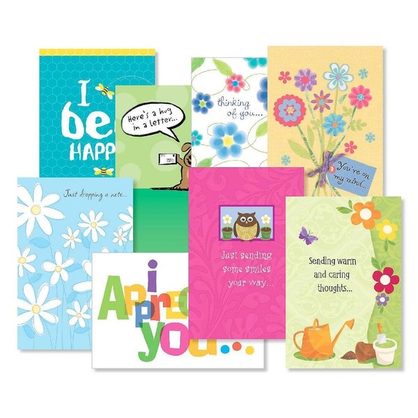 Thinking of You Greeting Cards Value Pack I - Set of 16 (8 Designs) Large 5" x 7" Cards, Sentiments Inside, Friendship Cards