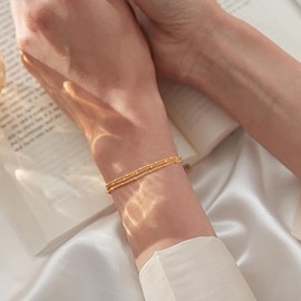 ORAZIO 925 Sterling Silver Gold Bracelet for Women Girls Ladies Gold Bracelets 3 Layered Link Chain Charm Bracelet Adjustable Beaded Bracelets for Womens Girls