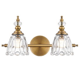 Ditoon Brass Vanity Light, Farmhouse Brushed Gold Bathroom Light Fixtures, 2 Light Bathroom Vanity Lights, Flower Glass Shade Wall Sconce Lighting