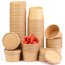 Wuadua 8 oz 75 Pack Paper Soup Containers with lids, Disposable Kraft Food Cups, Soup Cups Paper Ice Cream Cups, Dessert Cups,Yogurt Ice Cream Containers.Great For Restaurants, Take Outs, To-Go Lunch
