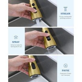 Kitchen Faucet Head Replacement with 15 Adapters - 3 Functions Pull Down Spray Head for Kitchen Faucet, Pull Out Faucet Sprayer Head Nozzle, Kitchen Sink Faucet Sprayer Head Replacement, Brushed Gold