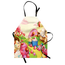 Lunarable Pink Apron, Food Theme Tasty Landscape of Candies Cupcakes Lollipop and Ice Cream Print, Unisex Kitchen Bib with Adjustable Neck for Cooking Gardening, Adult Size, Green Yellow