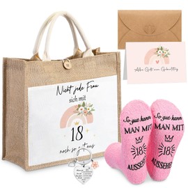 Xuniea Birthday Gift for Women Included Jute Carry Bag Socks Keyring Birthday Cards Envelope Funny Gift Ideas for Women, As shown in the picture, 18th birthday