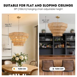 NOXARTE 25.6" Hand-Woven Rattan Chandelier 6-Lights Vintage Farmhouse Boho Chandeliers Light Fixture Rustic Drum Wicker Rattan Pendant Light for Dining Room, Kitchen, Living Room, Bedroom, Hallway
