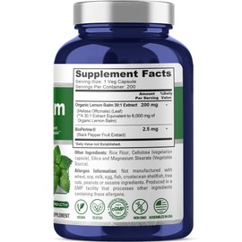 NusaPure Lemon Balm 30:1 Extract, 200 mg Equivalent to 6000mg Per Vegan Caps - 200 Count Non-GMO, Vegan Bioperine