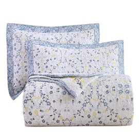 vctops 100% Cotton Floral Embroidery Quilted Bedspread Quilt Set Oversize Queen 3 Pieces Reversible Lightweight Scalloped Edge Coverlet 1 Quilt and 2 Pillow Shams (Blue,96"x110")
