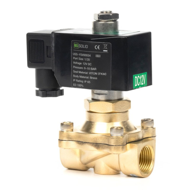 U.S. Solid 1/2" Brass Solenoid Valve - 12V DC, Normally