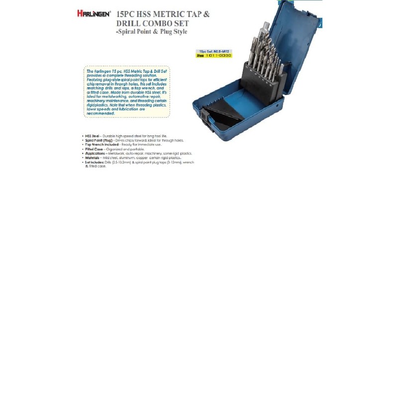 Harlingen 1011-0030 15 Piece High Speed Steel M3-M12 Tap &